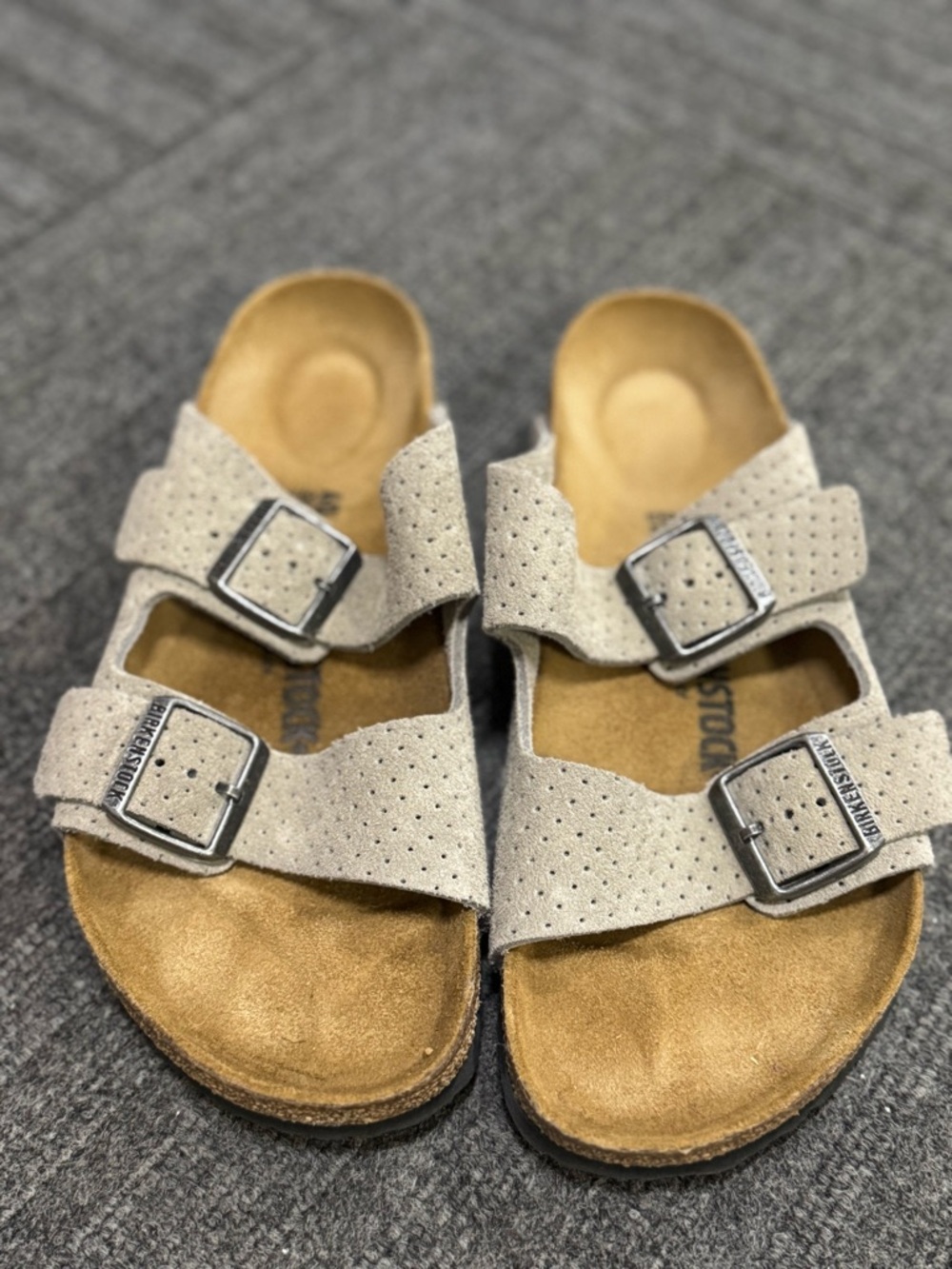 Birkenstock Arizona Perforated Suede Sandals - Light Gray